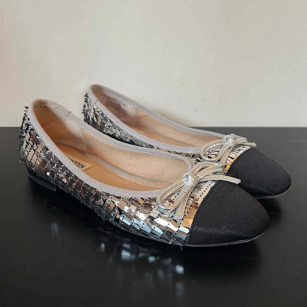 Steve Madden Ellison Silver Metallic Sequin Black Round Toe Ballet Flats 7.5M